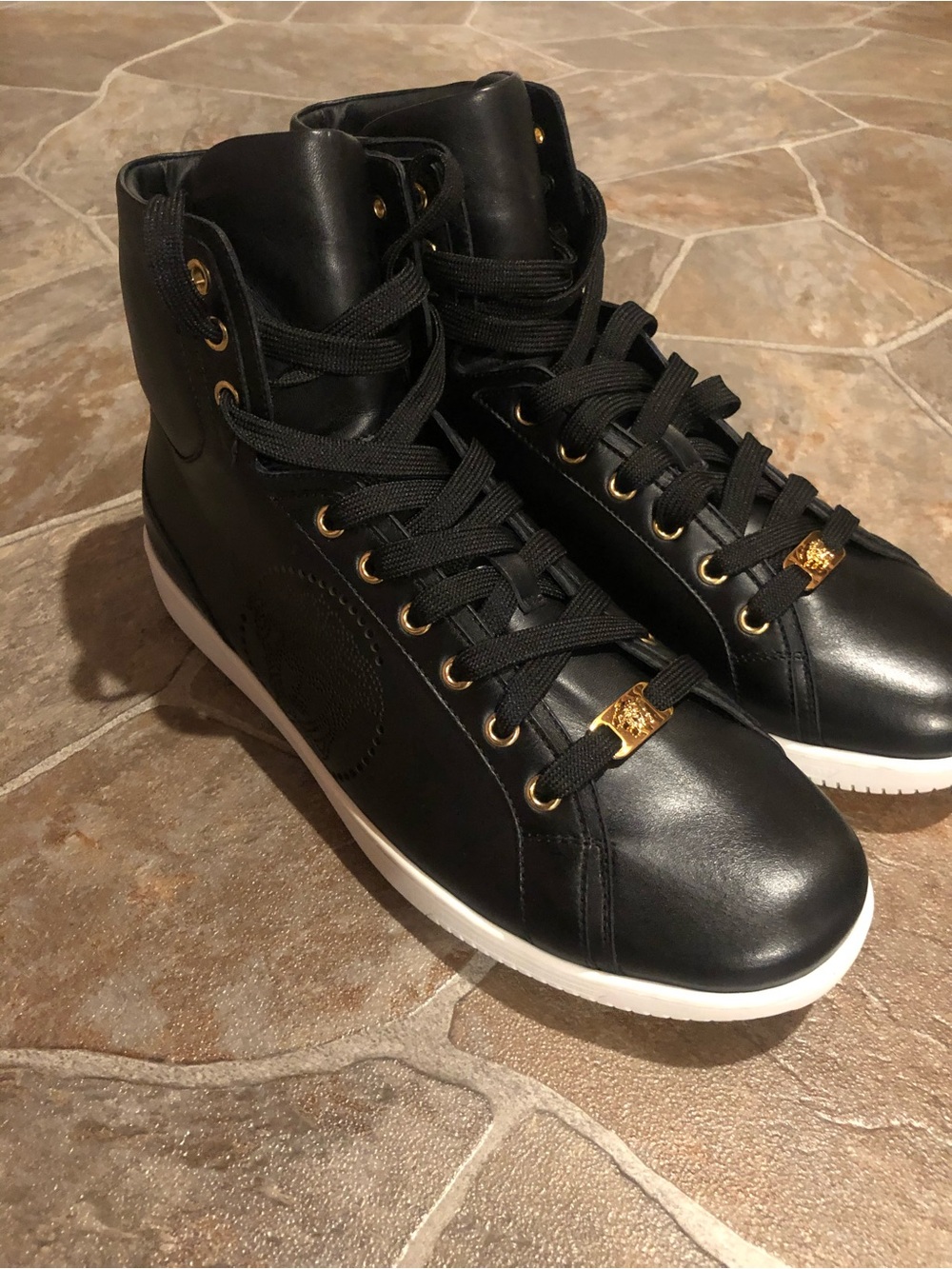 Versace Men's High-Top Leather Sneakers in Black with Gold Accents